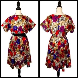 Vintage :: 70's Women's Dress Geometric Floral Belted